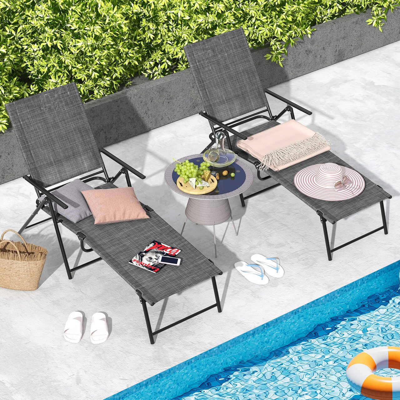 2 Piece Patio Folding Chaise Lounge Chairs Recliner With 6-level Backrest